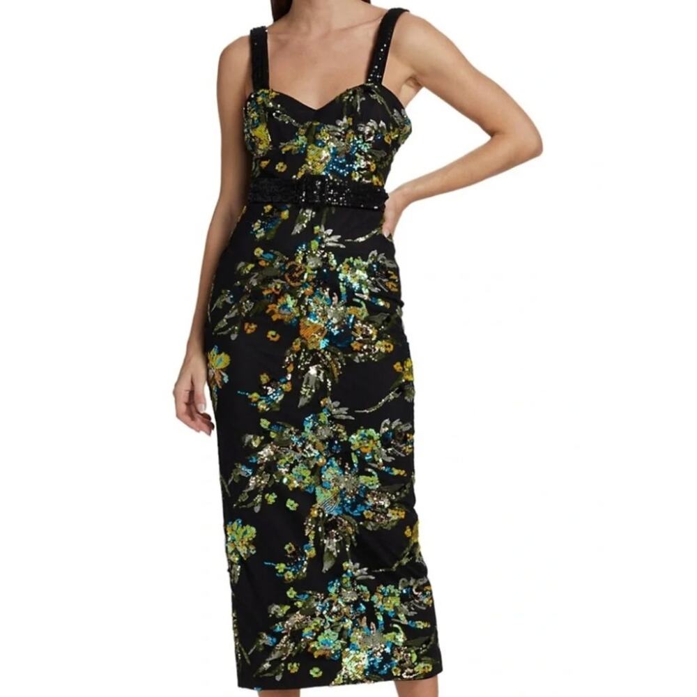 Badgley Mischka Dress 8 Belted Floral Sequin Midi Floral Black Hollywood Glamour